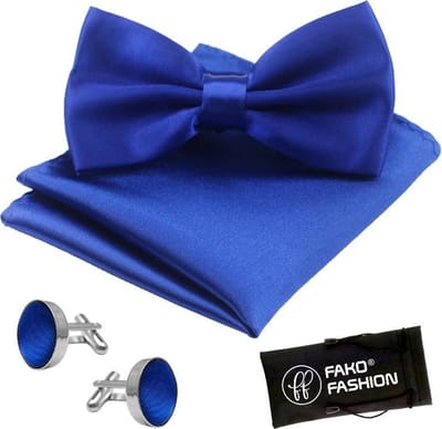 Fako Fashion - Vlinderstrik, Pochette & Manchetknopen - Vlinderdas - Strikje - Pochet - Satijn - Royal Blauw - Koningsblauw