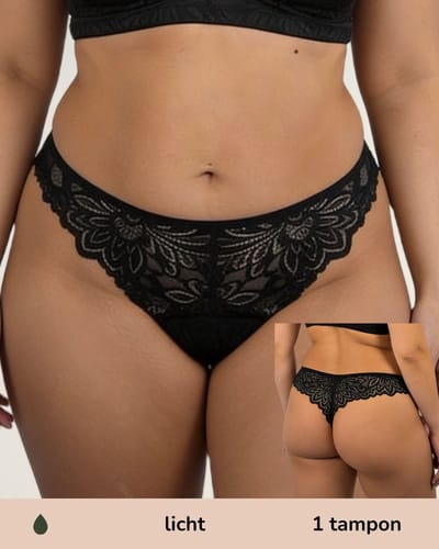 Moodies menstruatie ondergoed - String lace - licht kruisje - Zwart - maat L