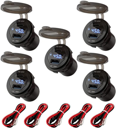 ProRide 12V USB-C Wandcontactdoos Inbouw - 45W - USB-A en USB-C - Wattagemeter - QC3.0 - Blauw - Kabel en Zekering - 5 stuks