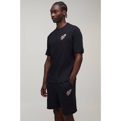 Tall Regular Fit T-shirt Met Rozenborduursels & Regular Fit Short Set | Black | Size Small