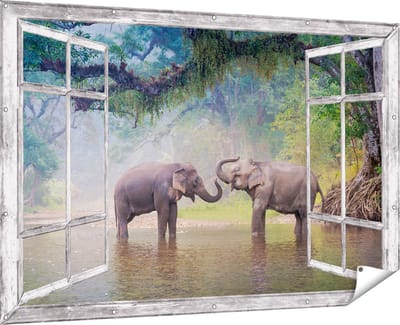 Gards Tuinposter Doorkijk Twee Olifanten in het Water - 180x120 cm - Tuindoek - Tuindecoratie - Wanddecoratie buiten - Tuinschilderij