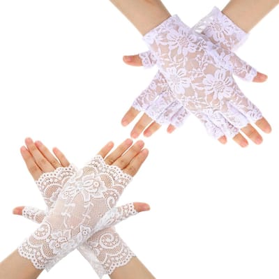 Elegante Vingerloze Kanten Handschoenen in Wit met Bloemenpatroon voor Bruiloften, Feestjes en Speciale Gelegenheden