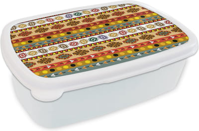 Broodtrommel Wit - Lunchbox - Brooddoos - Maya - Patroon - Latijns Amerika - 18x12x6 cm - Volwassenen