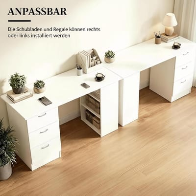 HAUSS SPOLE Bureau - Computertafel Met 3 Lades En 3 Open Vakken - Omkeerbare Opbergruimte Voor Werkplek En Slaapkamer - MDF - Wit - 120x49x72 Cm