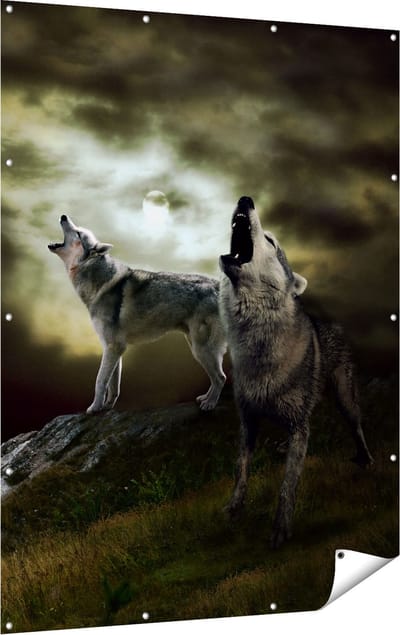 Gards Tuinposter Drie Huilende Wolven tijdens Volle Maan - 120x160 cm - Tuindoek - Tuindecoratie - Wanddecoratie buiten - Tuinschilderij