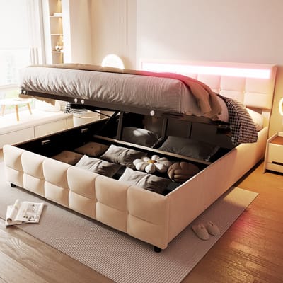 MODFU Gestoffeerd Bed Met LED-Verlichting En Lattenbodem - Met Opbergruimte - Beige - 180 X 200 Cm