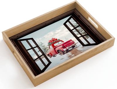 Dienblad hout 40x30 cm - Schootdienblad - Doorkijk - Auto - Rood - Cadeaus - Winterlandschap - Kerst - Borrelplank rechthoek - Plateau dienbladen