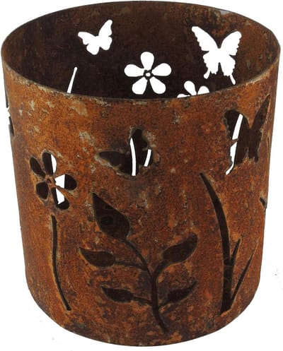 Windlicht Kandelaar Groot - Roest Patina Metaal - Tuindecoratie Buiten - Bloemenweide Motief - 19 x 17 cm - Roest