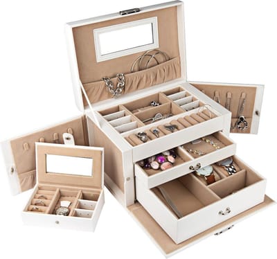 LifeGoods Sieradendoos XL - Juwelendoos - 20 Vakken - Juwelenkistje - Sieradendoos voor Volwassenen - Wit/Beige