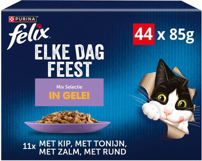 Felix Elke Dag Feest in Gelei Mix Selectie - Kattenvoer Natvoer - Tonijn Zalm Rund & Kip - 44 x 85 g