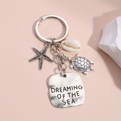1 porte-clés en métal allié avec breloque Tortue, Étoile de mer, Coquillage &  Rêver de la mer  - Porte-clés décoratif sur le thème nautique pour femmes, Cadeau d'anniversaire gray