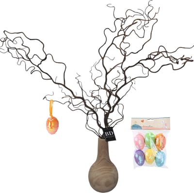 Bellatio Design Kronkelhazelaar kunst paastak - incl paaseieren pailletten - 87 cm - paasdecoratie kunsttakken