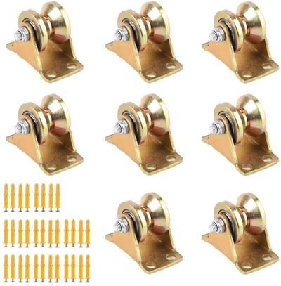 8-delige touwpulley set met V-groef rolwielen en schroeven, geschikt voor staaldraden en industriële machines, belastbaarheid 100 kg per stuk.