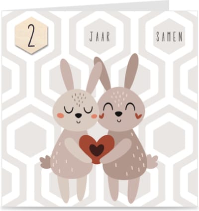 2 JAAR SAMEN | kaart / wenskaart met envelop | KONIJNTJES | voor relatie / partners / koppel