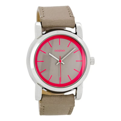 OOZOO Timepieces - Zilverkleurige horloge met taupe leren band - C7182