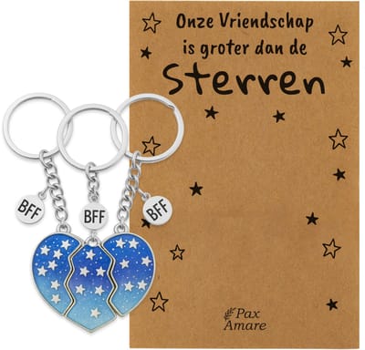 BFF Sleutelhanger voor 3 'Onze vriendschap is groter dan de sterren' - Magnetisch Blauw Hartje - Sleutelhanger set op Cadeau Kaartje - Zilverkleurig - Vriendschap Symbool - Pax Amare