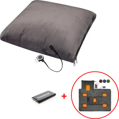 Sorprese Draadloos Warmtekussen - Elektrisch Verwarmd Kussen met Powerbank (10.000mAh) - 2-in-1 Warmtedeken - Grijs - 3 Warmtestanden - 36x36 cm & 105x150 cm - Fleece Deken