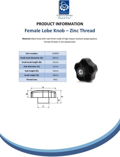 M12-binnendraadknop van thermoplastisch materiaal (met zinken inzetstuk)