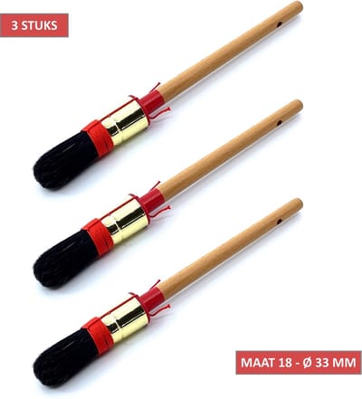 TQ4U Patentpuntkwast Maat 18 - Rond - Varkenshaar - Messing Bus - Gewaxte steel - Alkyd - Voor Alle Verfsoorten - Set van 3 Kwasten