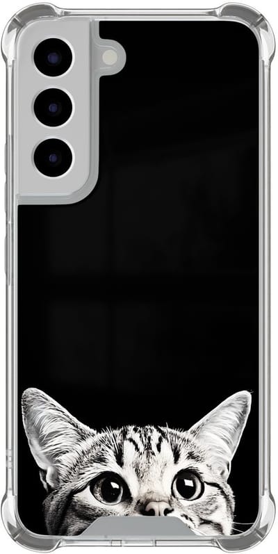 Shockproof hoesje geschikt voor Samsung Galaxy S22 - Kat kiekeboe - Schokbestendig - Verhoogde randen - TPU case - Extra Sterke Back Cover - Print - Transparant, Zwart