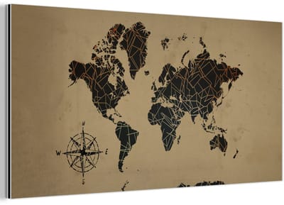 Aluminium schilderij 80x40 cm - Wanddecoratie metaal - Wereldkaart - Vormen - Windroos - Metalen muurdecoratie woonkamer - Decoratie industrieel - Foto op dibond - Industriële accessoires slaapkamer