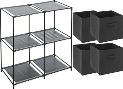 5Five Kastmandjes/opberg manden - donkergrijs - 4x stuks van 29L - Metalen rekje is 68 x 68 cm