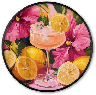 Poster in lijst Rond - Fotolijst 60x60 cm - Posters - Drink - Bloemen - Yellow - Ronde posterlijst zwart - Decoratie - Wanddecoratie woonkamer - Muurdecoratie slaapkamer