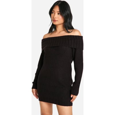 boohoo Dames Petite Wide Rib Bardot-neklijn mini jumpersjurk | Zwart | Maat: Small