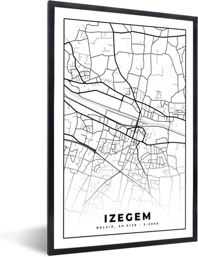 Fotolijst incl. Poster Zwart Wit- België – Izegem – Stadskaart – Kaart – Zwart Wit – Plattegrond - 40x60 cm - Posterlijst