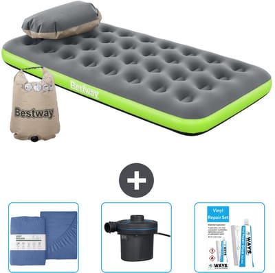 Bestway luchtbed - 1-Persoons - 99 x 188 x 22 cm - Grijs/Groen - Inclusief Hoeslaken - Pomp en Reparatieset