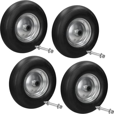 Kruiwagenwiel Set - Massief Rubber Wiel - Zwaar Transport - Lekbestendig PU Materiaal - Diameter 390 mm - Zwart