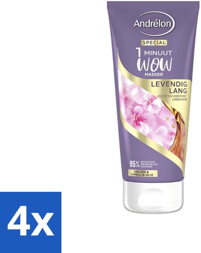 4 x Andrélon - 1 Minuut Wow Haarmasker - Levendig Lang - 180 ml - 1 Minuut Masker - Lang Haar Masker - Sakura En Camellia-olie - Haar Herstel - Haar Verzorging