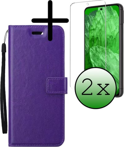 Hoesje Met 2x Screenprotector - Geschikt voor Google Pixel 8a - Luxe Pasjeshouder - Bookcase Portemonee - Flip Case - Kunstleer Book Case - Flipcase Hoes - Book Cover - Walletcase - Portemonneehoes - Paars