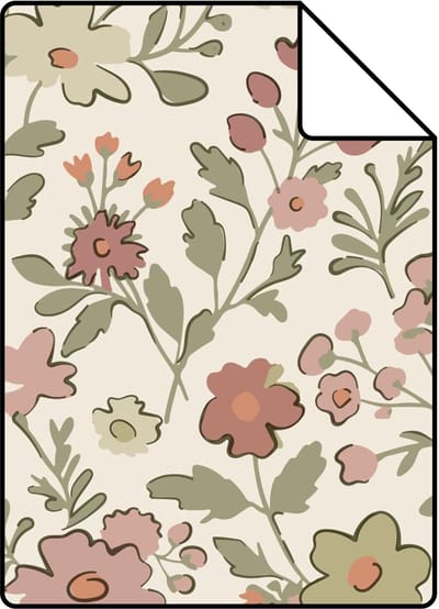 Proefstaal ESTAhome behang bloemetjes terracotta, groen en wit - 26.5 x 21 cm - 131324-S