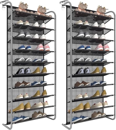 Pack van 2 verstelbare schoenenrekken voor aan de deur, hangend schoenenrek met metalen haken en stabiliteit, ruimtebesparend en multifunctioneel
