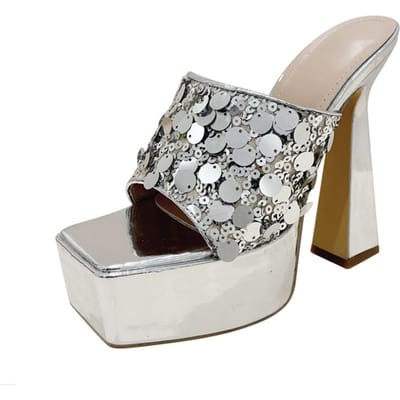 Liyke Fashion Design Visfilets Vierkante Neus Chunky Platform Schoenen Slippers Vrouwen Feest Stripper Paaldans Hoge Hakken Sandalen 35 zilver