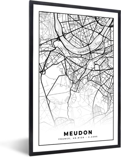 Fotolijst incl. Poster Zwart Wit- Stadskaart - Plattegrond - Kaart - Frankrijk - Meudon - Zwart wit - 40x60 cm - Posterlijst