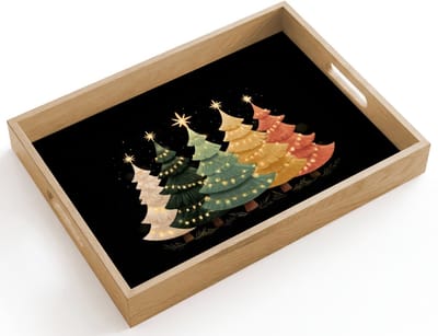 Dienblad hout 40x30 cm - Schootdienblad - Kerstbomen - Kleurrijk - Lichtjes - Ster - Borrelplank rechthoek - Plateau dienbladen