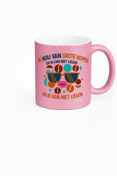 Roze Koffiemok "Ik Hou Van Grote Koppen" - Uniek Design Cadeau