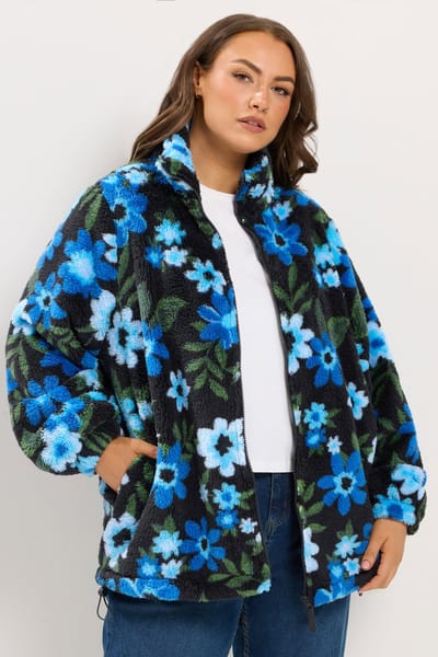 Yours Blauwe Fleece Met Bloemenprint En Volledige Rits Size 42