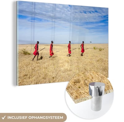 ® Glasschilderij 180x120 cm - Schilderij acrylglas - Kenianen in de savanne bij het Masai Mara gebied in Kenia - Foto op glas - Muurdecoratie woonkamer - Wanddecoratie slaapkamer - Schilderijen