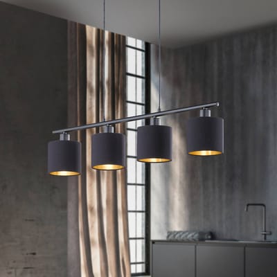 Reality Leuchten Tommy hanglamp, zwart/goud, lengte 75 cm, 4-lamps, stof