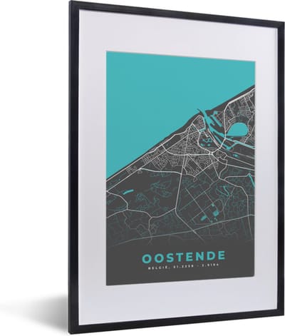 Fotolijst incl. Poster - België – Oostende – Stadskaart – Kaart – Blauw – Plattegrond - 30x40 cm - Posterlijst