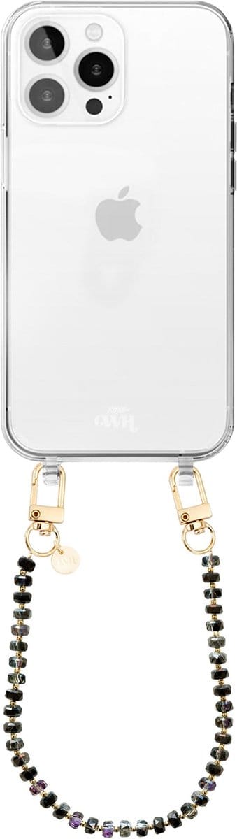 xoxo Wildhearts siliconen hoesje geschikt voor iPhone 16 Pro Max hoesje - Crystal (Zwart) - Telefoonhoesje - Hoesje met koord - Kristal ketting - Kristallen met gouden details - kort telefoonkoord - Transparant hoesje
