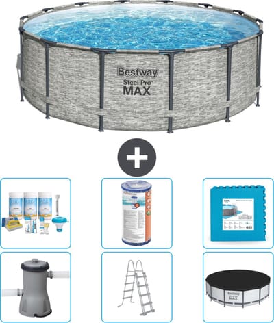 Bestway Rond Steel Pro MAX Zwembad - Steenprint - 427 x 122 cm - Inclusief Pomp - Ladder - Afdekzeil Onderhoudspakket - Filter - Vloertegels