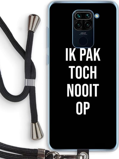 Case Company® - Hoesje met koord geschikt voor Xiaomi Redmi Note 9 hoesje met Koord - Ik pak nooit op - Zwart - Telefoonhoesje met Zwart Koord - Bescherming aan alle Kanten en Over de Schermrand