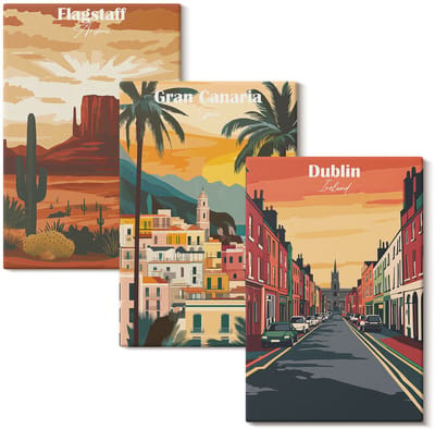 Wallfluent Set van canvas schilderijen - Landschappen van steden en natuur in warme kleuren Canvas Schilderijen Set - set 3 stuks 20x30 cm - Oranje Set van Canvas Prints - Steden Canvas Kunst Set - Boheemse Canvas Kunst Set