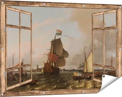 Gards Tuinposter Doorkijk Het Oorlogsschip Brielle op de Maas voor Rotterdam - Ludolf Bakhuysen - 120x80 cm - Tuindoek - Tuindecoratie - Wanddecoratie buiten - Tuinschilderij