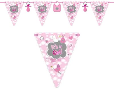 Folat Vlaggenlijn - Geboorte meisje - roze - 6 meter - karton - Its a girl - meid geboren versiering - babyshower/kraamversiering
