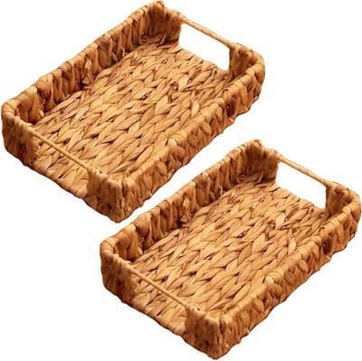 Decoratieve rechthoekige manden van waterhyacint, set van 2, voor opberging en organisatie met handvatten